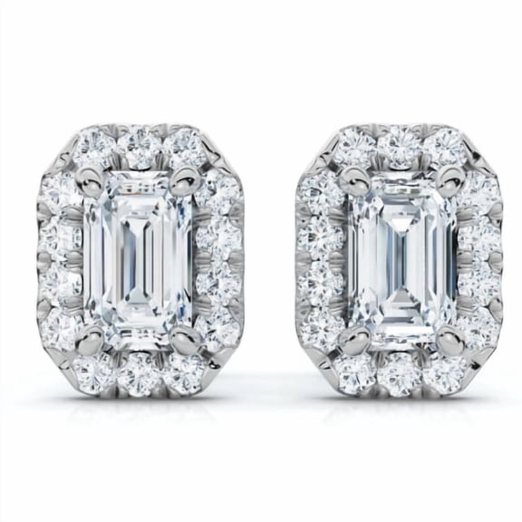 Pompeii 3/4 Ct Emerald Moissanite & Lab Grown Diamond Halo Studs 14k White Gold Earrings