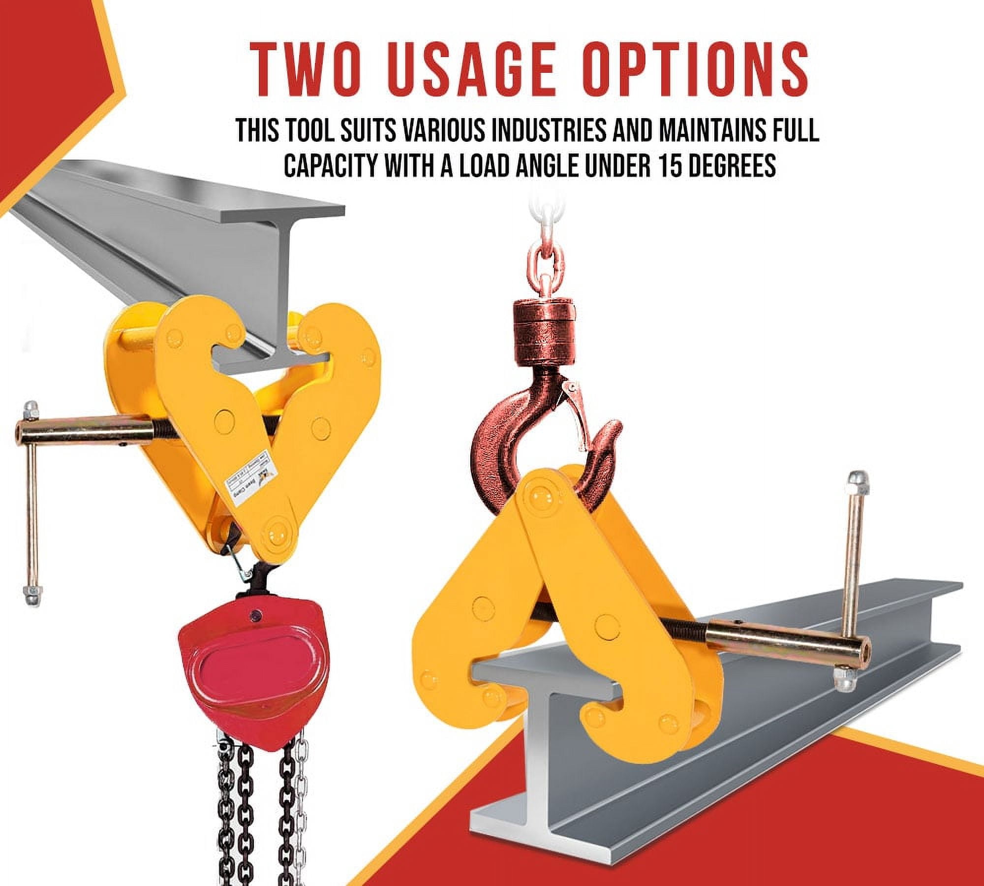 Adjustable Beam Clamp Yellow, 3 Ton / 6613 LB Working Load Limit with Manual Screw Rod, I-Beam Lifting Clamp For Industrial, Home-garage Lifting, Rigging, and Other Operations