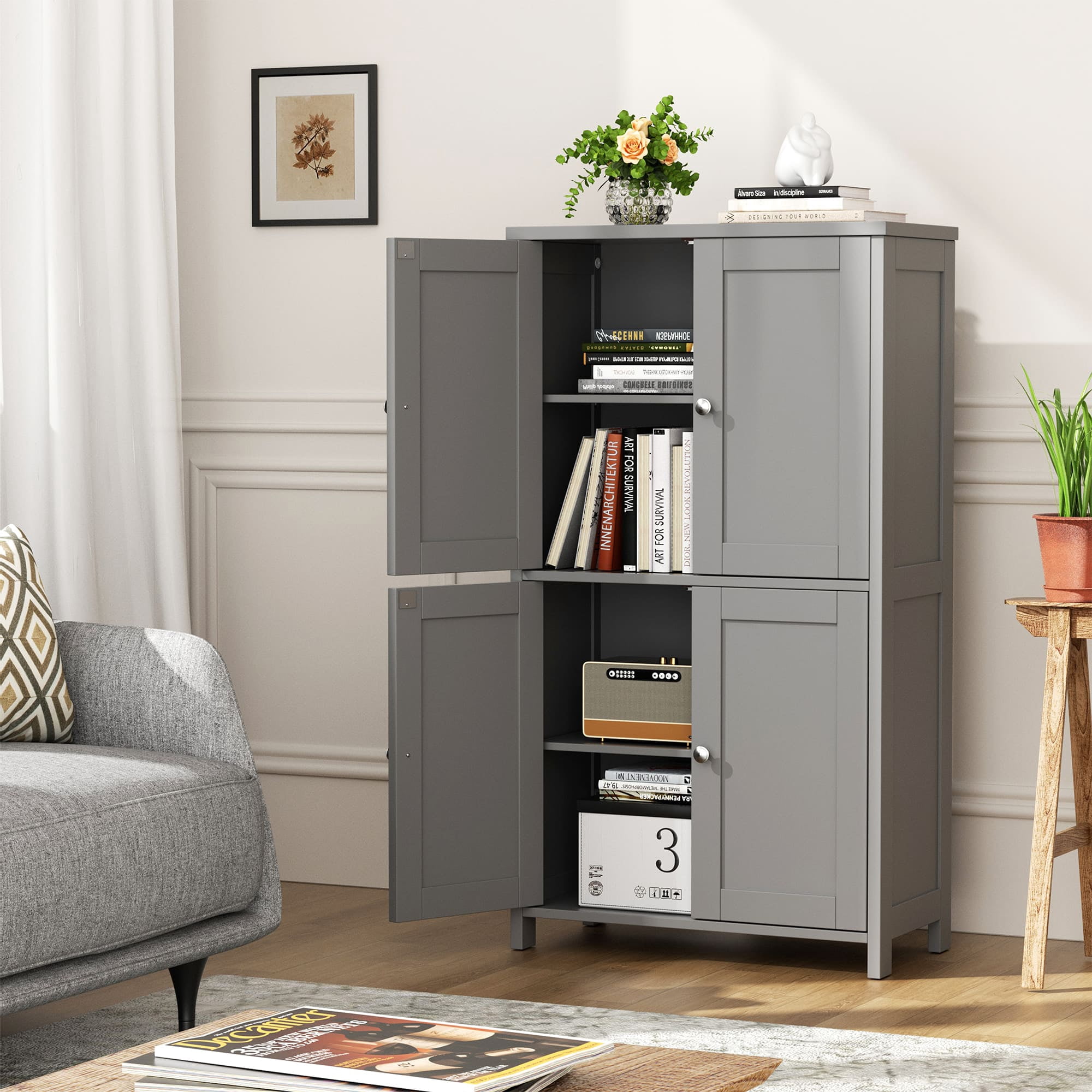 Bathroom Storage Floor Cabinet Organizer with Adjustable Shelf 4 Magnetic Doors 43" Wooden Pantry Cabinet Freestanding for Kitchen Living Room Small Spaces,Gray