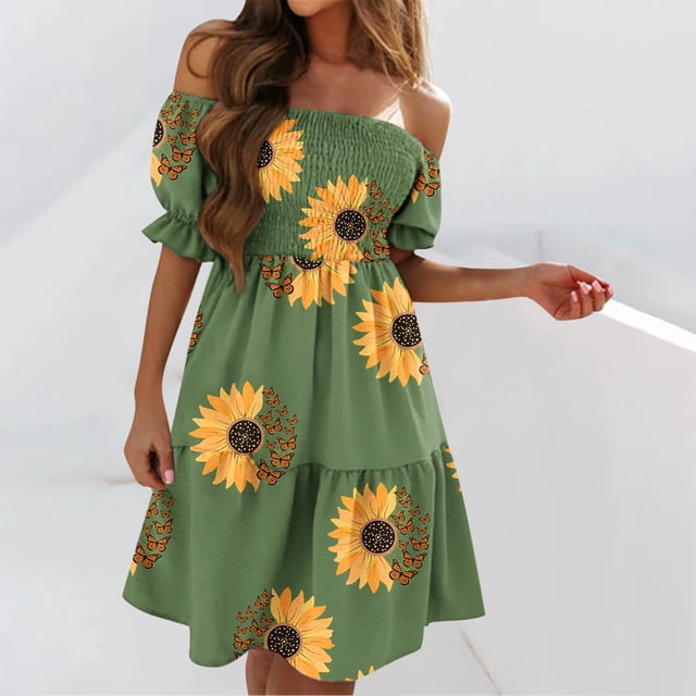 EGNMCR Robes d'Été Femmes Tendance Robe d'Été pour Femmes Imprimée à Manches Courtes Épaules Froncées