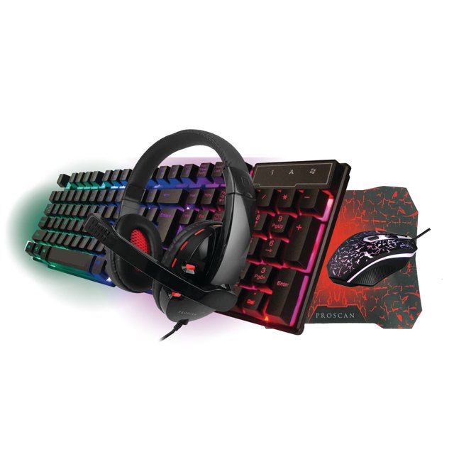 Proscan 4-in-1 Gaming Kit with keyboard, headset, mouse, and mouse pad in black, featuring a full-size LED backlit keyboard with mixed rainbow colors, wired headset with noise-cancelling microphone, lighted 4D gaming mouse with cracked pattern, and a non-slip smooth mouse pad, suitable for gaming and general computer use.