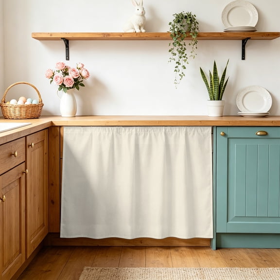 Cream Cabinet Curtains 28" W x 35" L, Solid Color Under-Desk Privacy Dust Proof Drape Dishwasher Curtain Sink Skirt for Kitchen Closet Bathroom Laundry