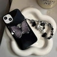 thumbnail image 2 of Glossy Black Butterfly Phone Case Compatible with iPhone 13 Pro, Korea Cute 3D Black Dream Butterfly Phone Cover with Butterfly Hold Stand Black White Heart Bead Chain for Women Girls, 2 of 12