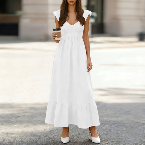 TaTaai Womens Casual Pleated Dress Sleeveless V-Neck Solid Color Loose Flowy Ankle Length Long Dress for Spring Summer Daily Home Beach Gift