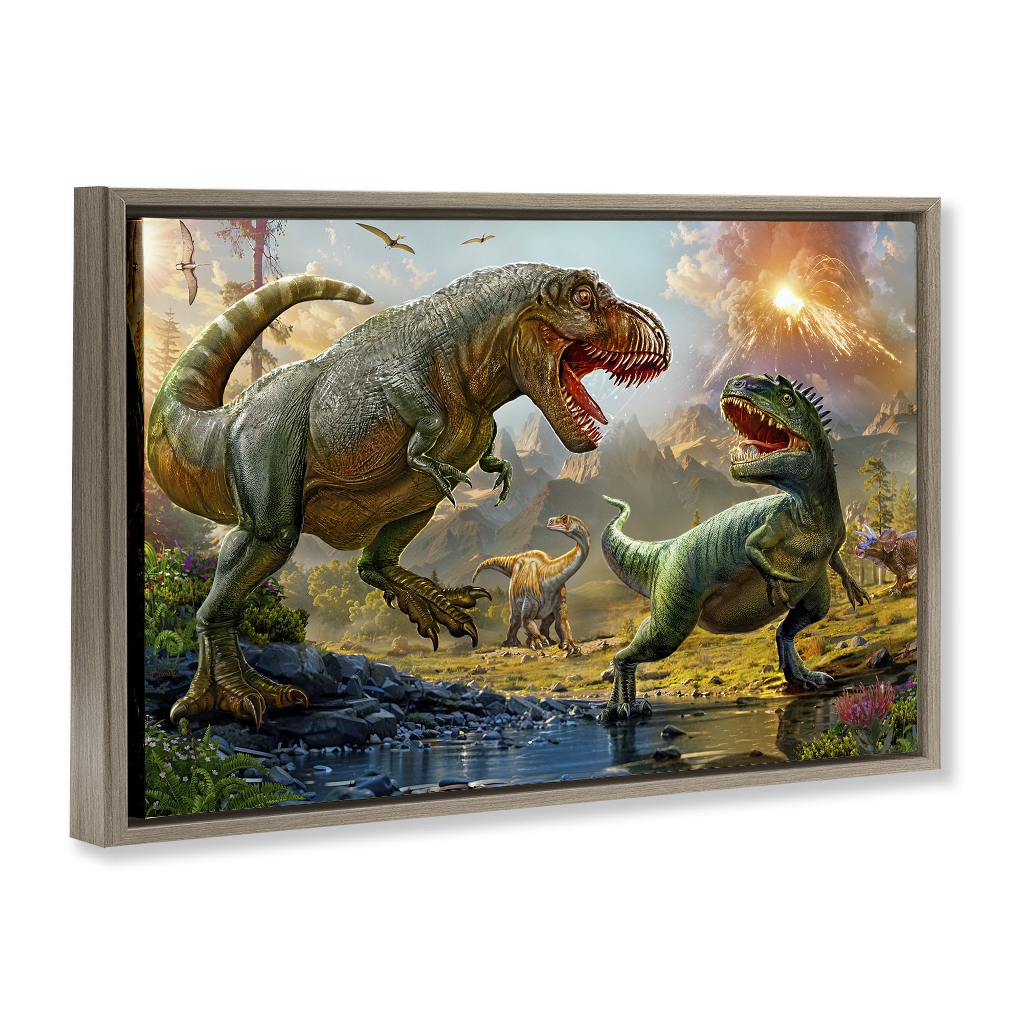 Stupell Industries T-Rex Encounter at Riverbank Brown Framed Floater Canvas Wall Art, design by Henriette Chinaglia