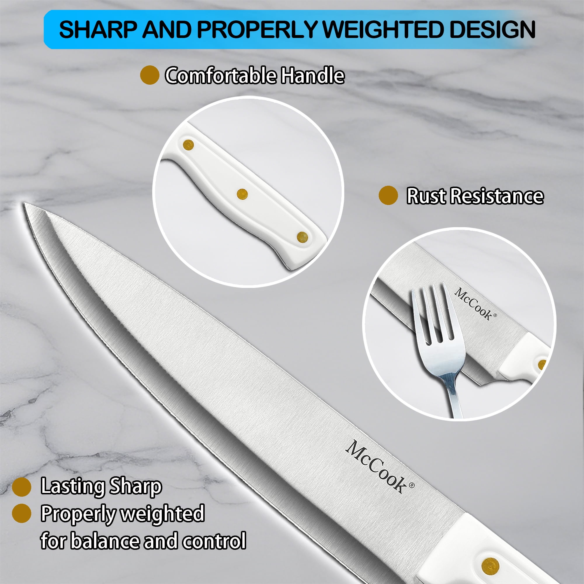 Knife set For Kitchen with Block,McCook MC703 White Kitchen Knife Sets with Built-in Sharpener,Cutlery set with Measuring Cups and Spoons For Cooking,26pcs