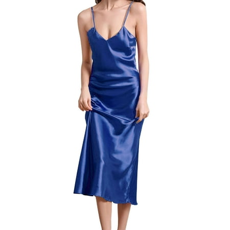 BadPiggies Women Satin Nightgown Lingerie Long Slip Sleep Dress Sexy V Neck Chemise Sleepwear (S  Blue)