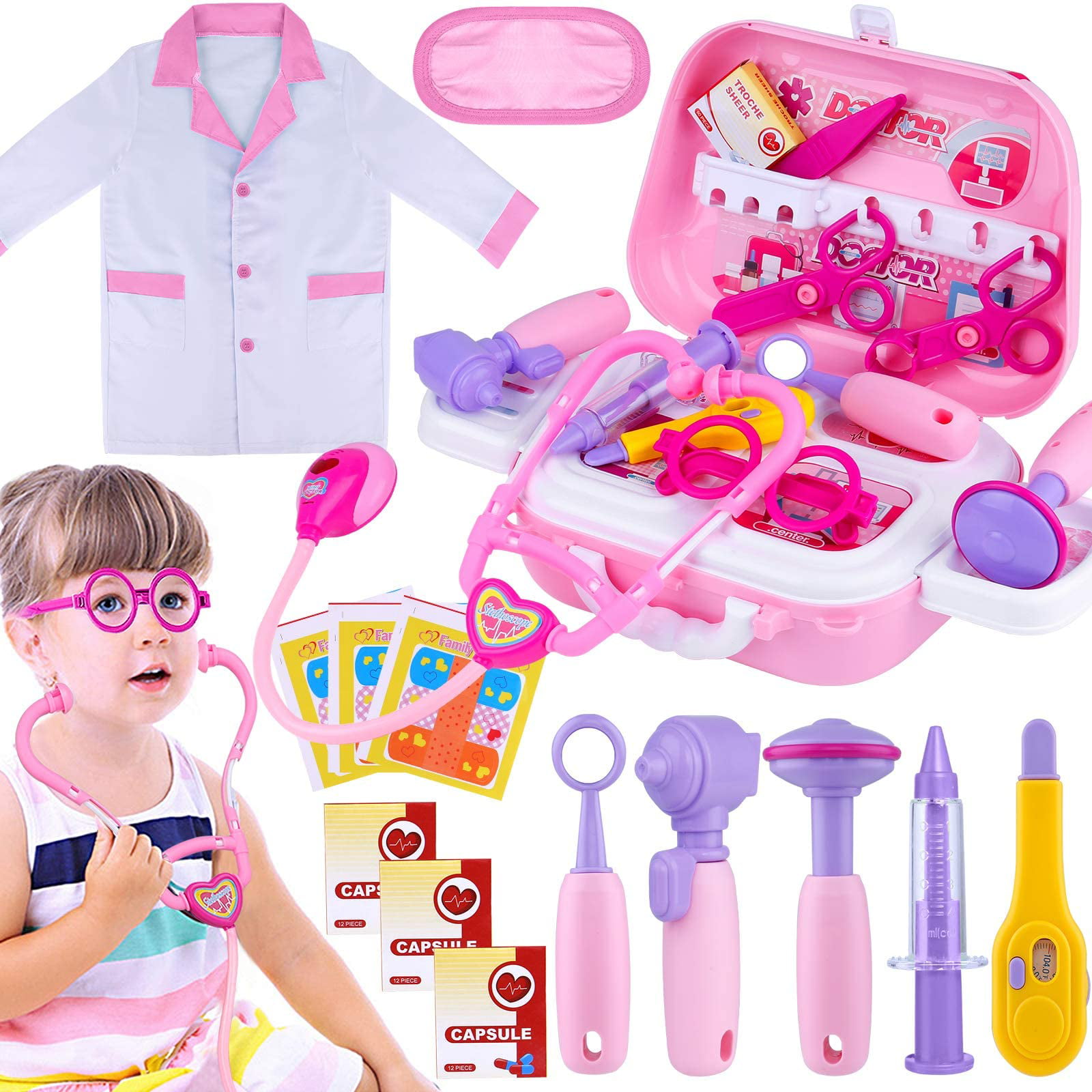 Children's PINK Doctors Nurses Kit Role Play Set Medical Toy & Carry Case 8805 