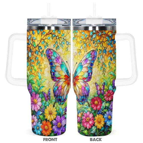 Butterfly Theme 40oz Travel Tumbler Cup With Handle Lid And Straw