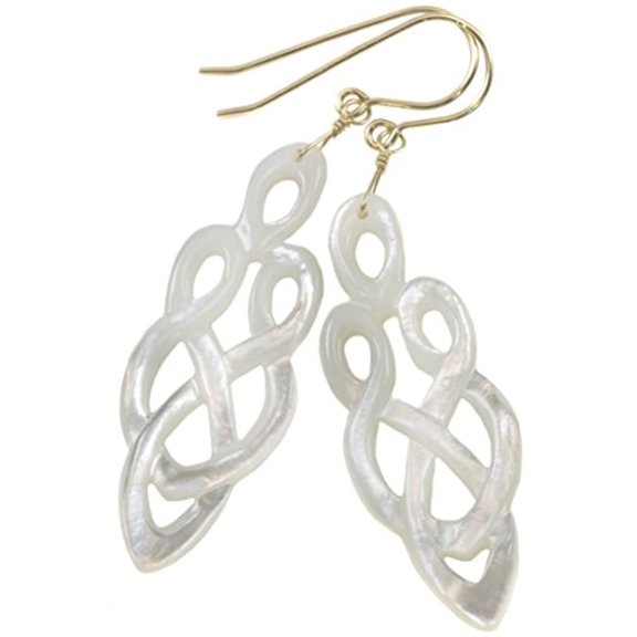 14k Gold Filled Mother of Pearl Earrings White Carved Celtic Infinity Long MOP Drops Designed for Adult Women