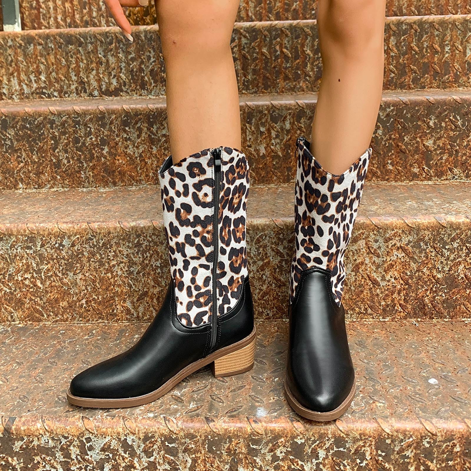 POROPL Womens Black Boots Knee High Winter Mid Heel Knee High Side Zipper Leopard Print Boots for Lady Black Size 42(US:9)
