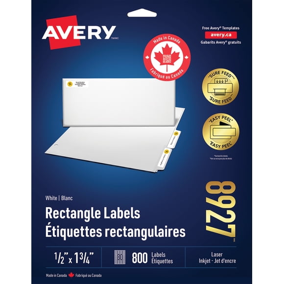 Avery White Rectangle Labels with Sure Feed Technology Easy Peel, ½" x 1 ¾", Permanent Adhesive, for Laser and Inkjet Printers Matte White Paper, 80 Labels/Sheet, 10 Sheets/Pack - 8927