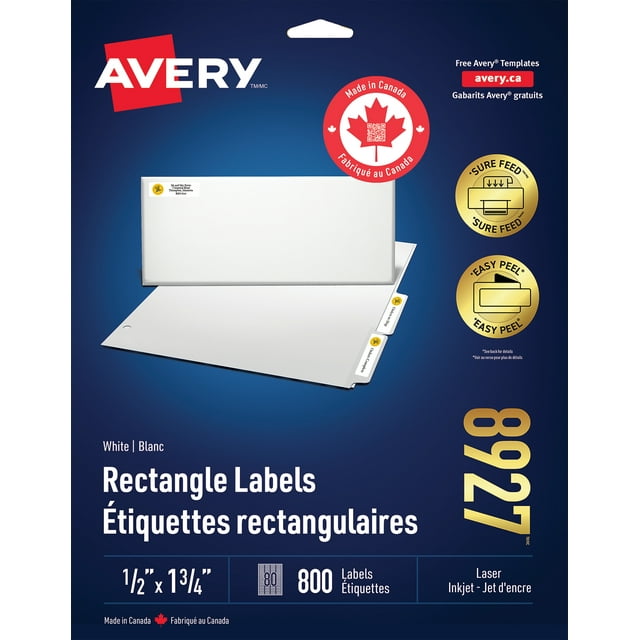 Avery White Rectangle Labels with Sure Feed Technology Easy Peel, ½" x 1 ¾", Permanent Adhesive, for Laser and Inkjet Printers Matte White Paper, 80 Labels/Sheet, 10 Sheets/Pack - 8927