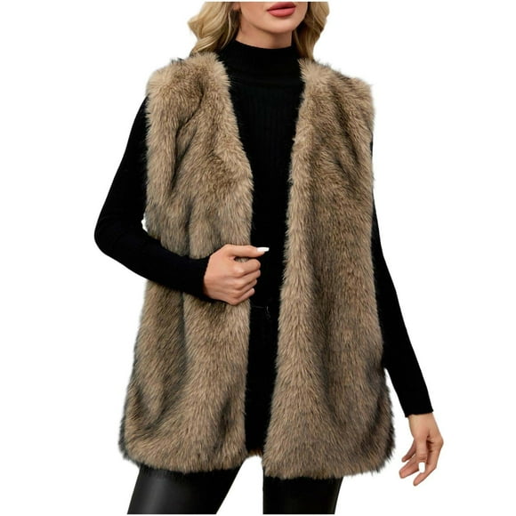 RXMEKW Faux Fur Coat For Women Long V-Neck Winter Outerwear Jacket In Brown