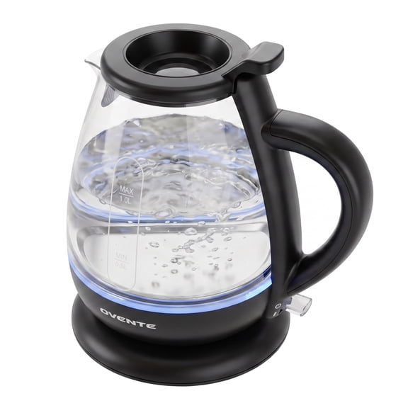 OVENTE 1L Glass Electric Kettle Water Boiler, Black KG150B, 1500W Fast Boiling, Easy Fill Lid, Borosilicate Glass, Auto Shut-Off, Boil-Dry Protection, Blue LED Light, 360° Swivel Base