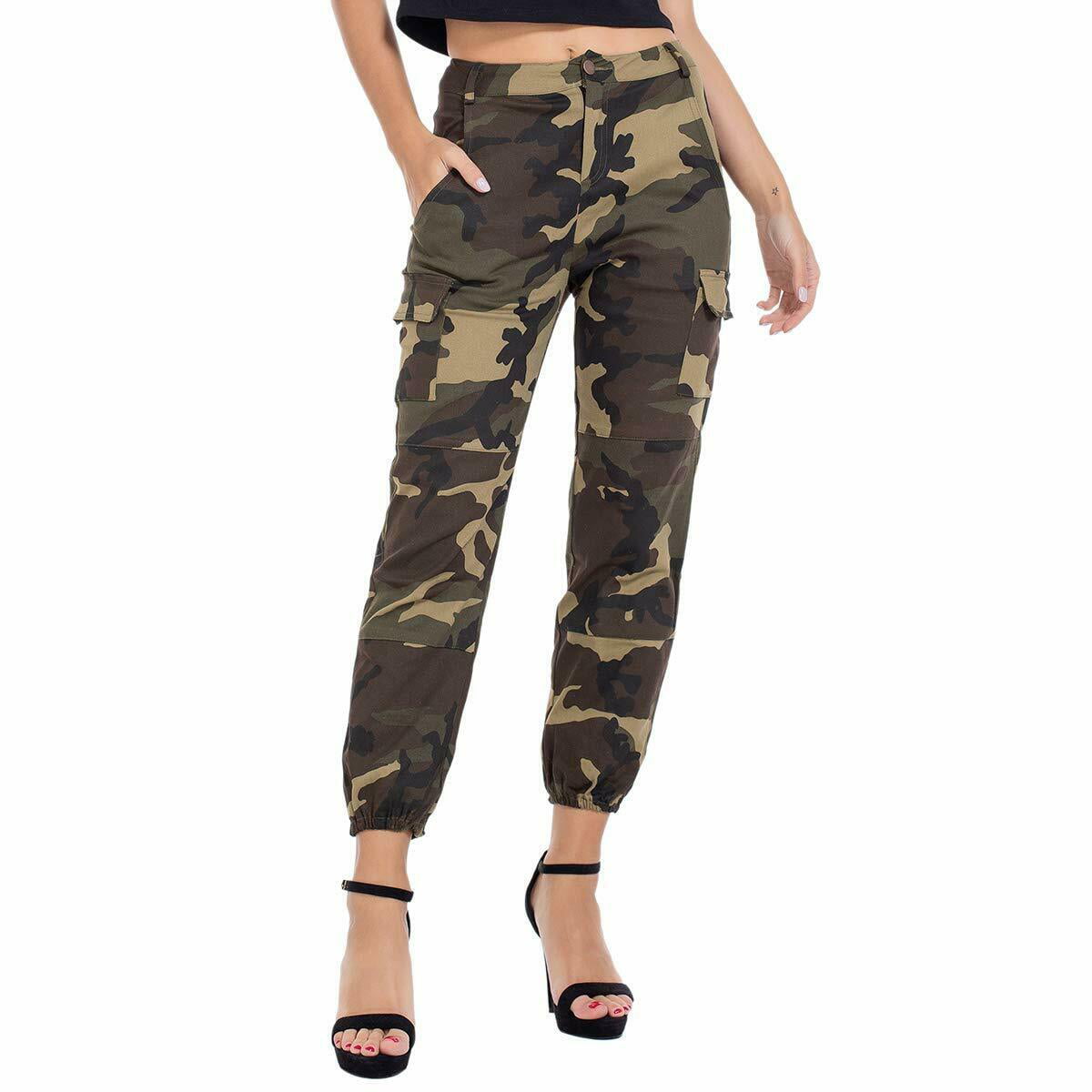 Womens Camo Cargo Trousers Casual Pants Military Army Combat Camouflage Print 