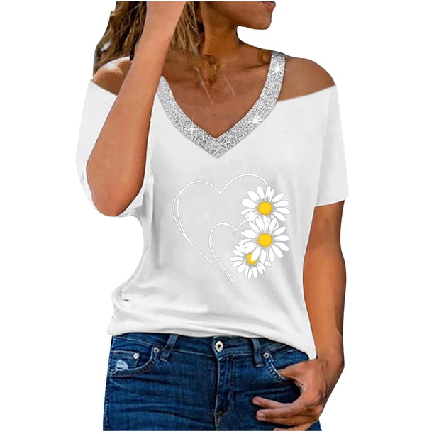 Camisetas Casuales para Mujeres Correa de Hombro de Verano Camiseta con Cuello en V, Manga Corta Top Ligero para el Hogar Y la Fiesta