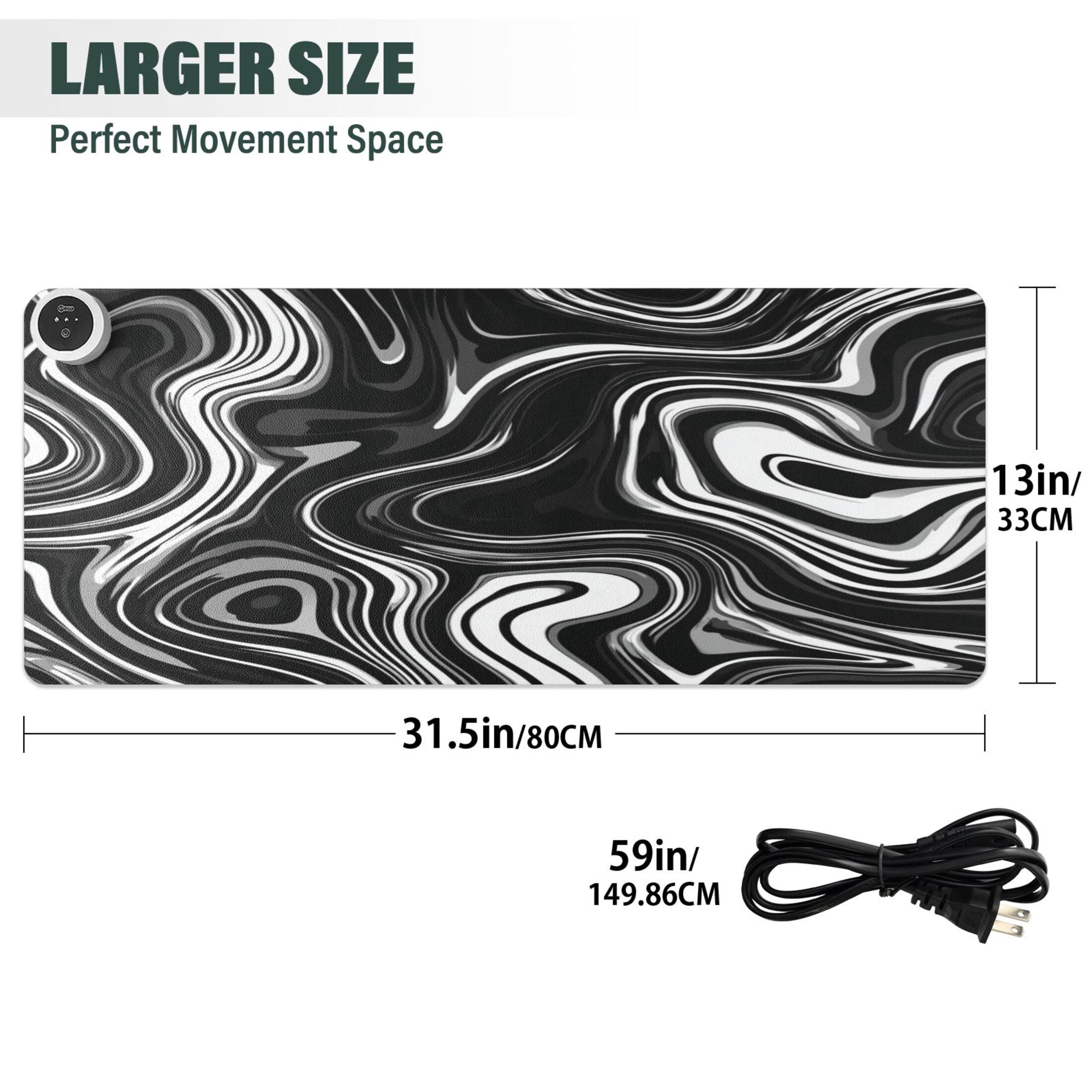 Large Heated Desk Mat Mouse Pad 31.5"x13"PU Leather Graphene Heating Desk Warmer with 3 Temperature Settings 110V US Plug Non-Slip Warm Pad for Home, Office, and Gaming Matte Black Flowing Lines