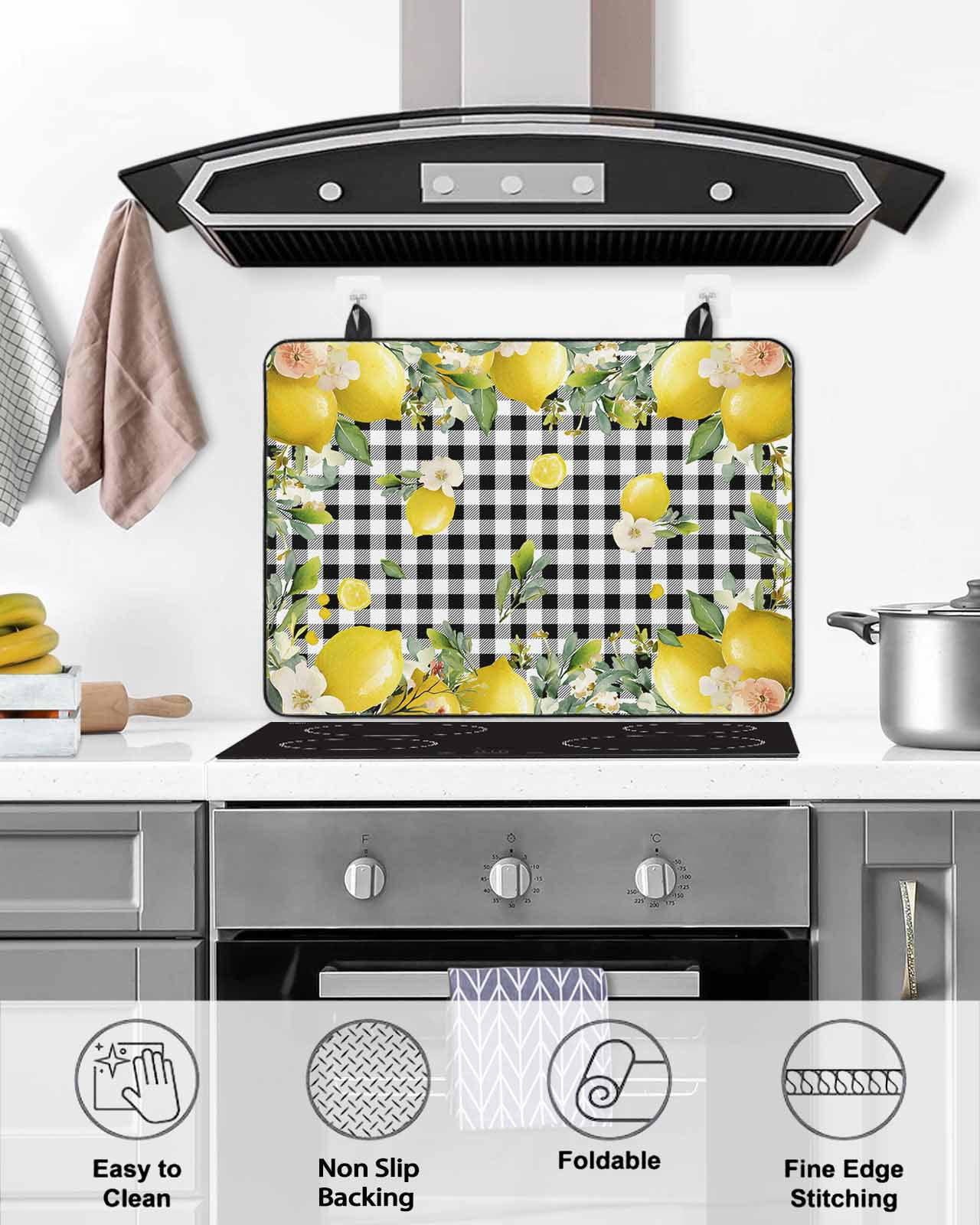 nqOlkjepod Large Induction Cooktop Protector Mat 24"x21", Lemon Farmhouse Stove Top Covers for Electric Stove, Summer Fruit Botanical Black Checked Stove Burner Cover Mats, Glass Top Stove Cover