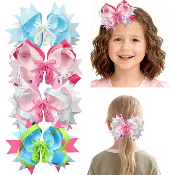 JoyBowie 4 Pcs 5inch Layered Grosgrain Hair Bows for Girls 3-8 Years, Decorative Hair Clips for Birthday Parties & Daily Hairstyles