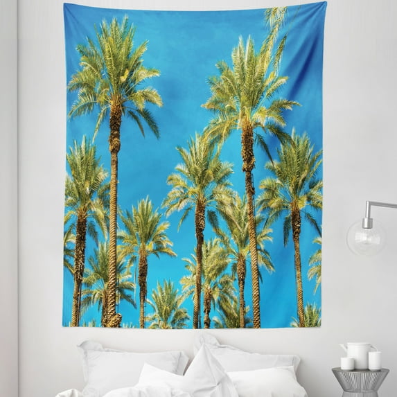 Tree Tapestry, California Americana Exotic Scenery Summer Shot Palms Open Sky View, Fabric Wall Hanging Decor for Bedroom Living Room Dorm, 5 Sizes, Azure Blue and Yellow Green, by Ambesonne