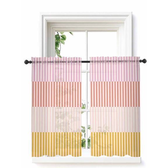 Colorful Stripe Curtains 45 Inch Length,Sheer Curtains for Bedroom Living Room Window Modern Pink Red Yellow Vertical Striped Rod Pocket Drapes Kitchen Curtains Small Half Window 42"x45" 2 Panels