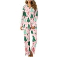 thumbnail image 2 of Mifsaly Christmas Pajama Sets for Women Xmas Trees Print Loose 2 Piece Pjs Long Sleeve V-Neck Sleepwear Lapel Button Down Nightwear High Waist Wide Leg Pants with Pockets 2025 Holiday Homewear, 2 of 6