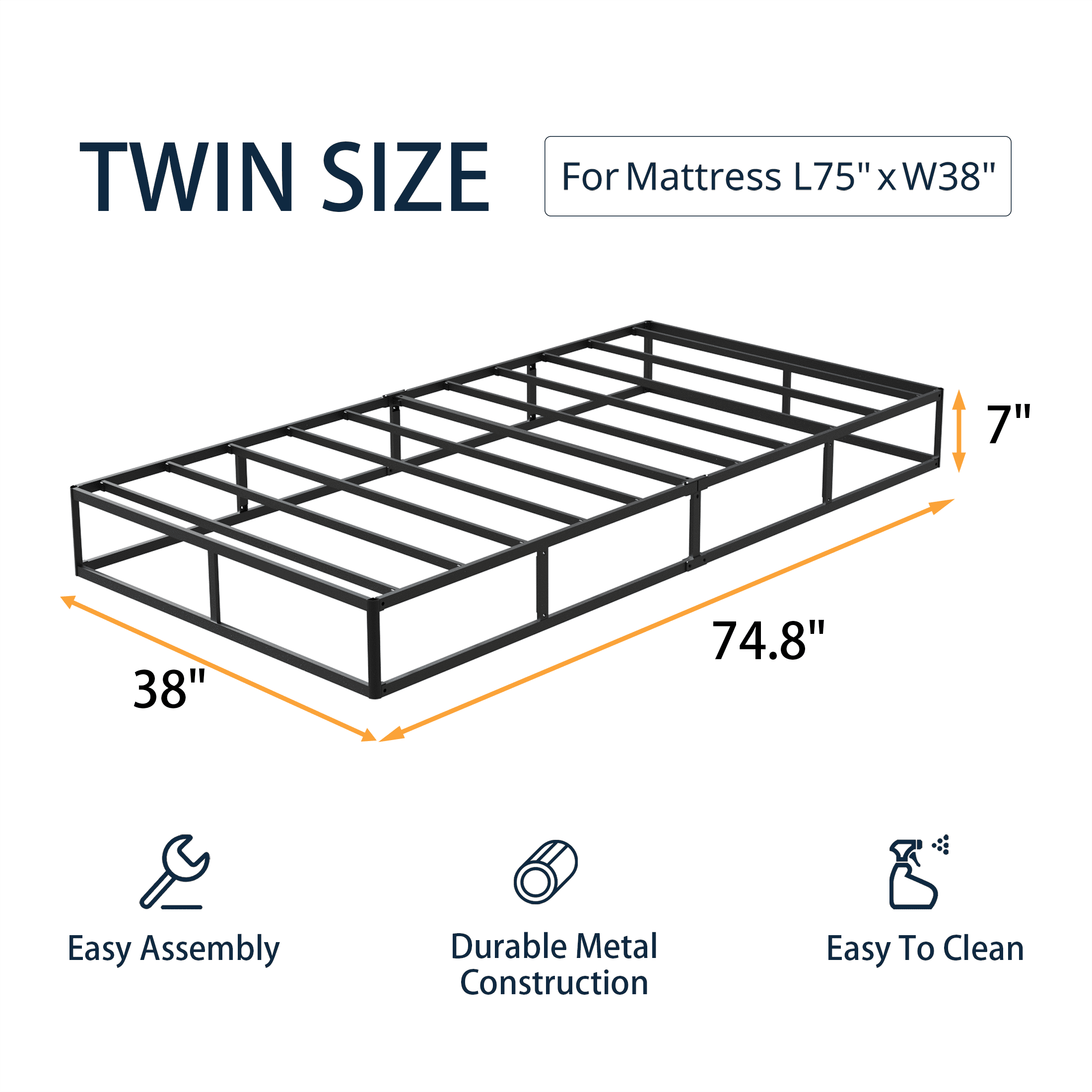 Box Spring Twin Size Bed Base, Heavy Duty Metal Twin Mattress Foundation with Fabric Cover, Noise-Free, Easy Assembly