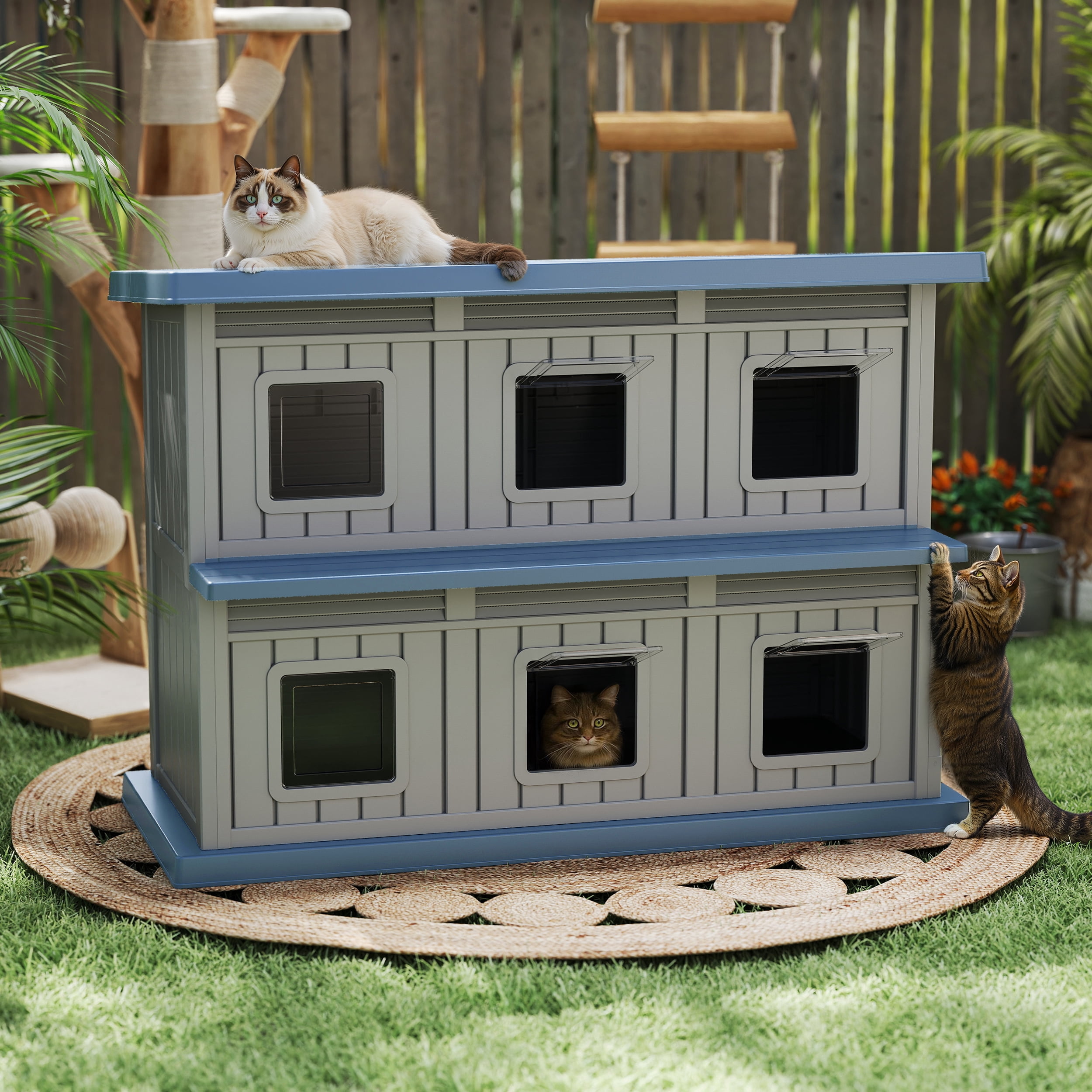 EasyUp Outdoor Cat House Large Double-Decker Cat Houses for Outdoor Cats with Adjustable Window Balcony Weatherproof UV Protection Cat Shelter for Several Feral Cats,Blue&Grey