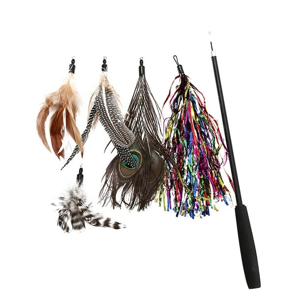 6 varitas interactivas de 3 secciones para gatos, juguete de entrenamiento con plumas, divertido palo de juguete