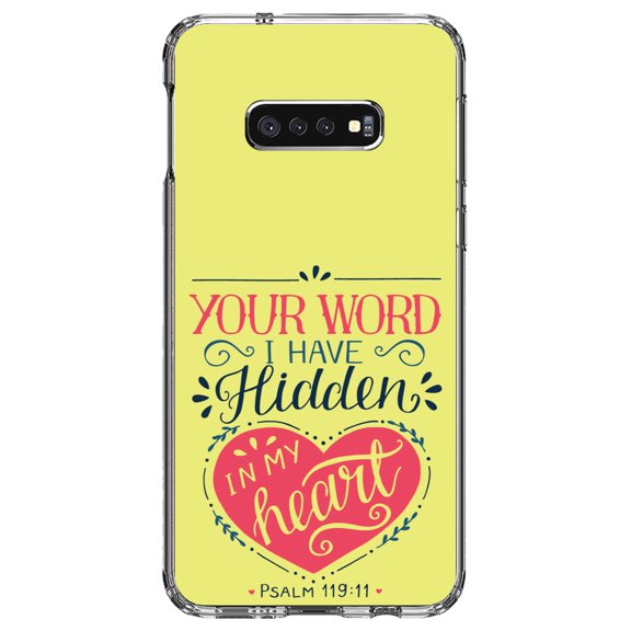 DistinctInk Clear Shockproof Hybrid Case for Samsung Galaxy S10e (5.8" Screen) - TPU Bumper, Acrylic Back, Tempered Glass Screen Protector - Psalm 119:11 - Your Word I have Hidden in My Heart