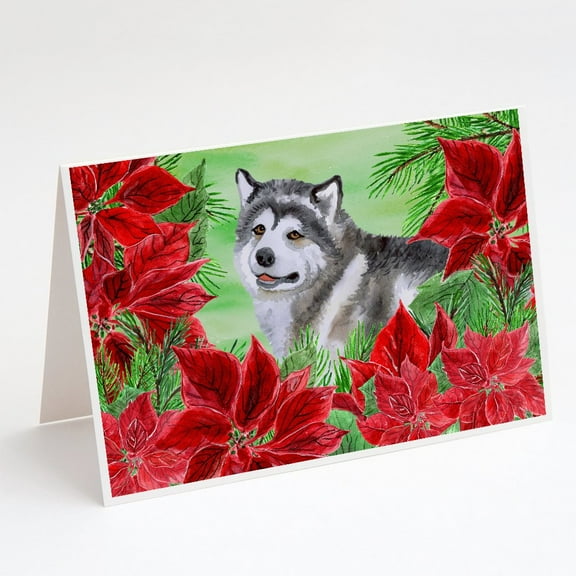 Alaskan Malamute Poinsettas Greeting Cards and Envelopes Pack of 8