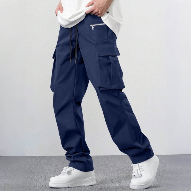 Ceisia Men's Solid Color Loose Cargo Pants with Multi Pockets & Drawstring Waist Navy M Gifts