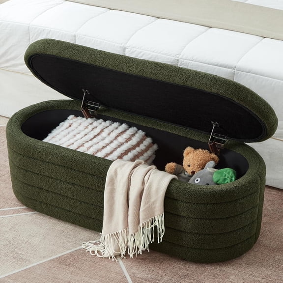Storage Ottoman , 43 Inch Upholstered Teddy Storage  for Bedroom End of Bed with Safety Hinge for Bedroom, Living Room, Entryway,