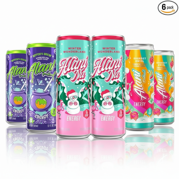 New Alani Energy Drinks Witches Brew, Winter Wonderland, Sherbet Swirl Variety Pack Sugar-Free, Low-Calorie, Energy Boost Drink 12 fl oz (Pack of 6)