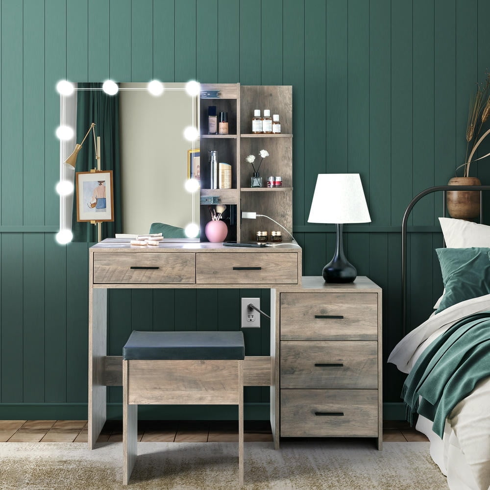 Kadyn Vanity Desk with Lighted Mirror, Vanity Table and Chair Set with 5 Drawers and 2 Shelves, 2 USB Ports,Gray