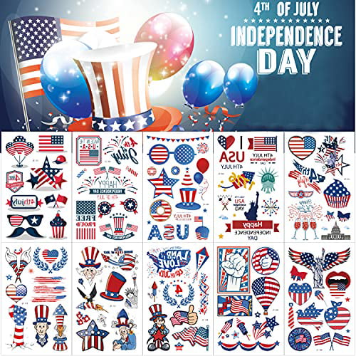 4th of July Temporary Tattoos with American Flag, Independence Day Tattoos , 4th of July, National Day, Memorial Day for Patriotic Party Decorations Favors Supplies - Walmart.com