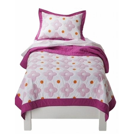 Pretty Flower Bed - Girls Pretty Pink Flower Dot Stitched Full Queen Quilt & Shams Set 3 Piece
