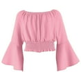 thumbnail image 4 of FINALGANG Girls Solid Color Off Shoulder Blouse Kids Flared Bell Sleeves Smocked Elastic Waistband Lightweight Casual Top For Streetwear Daily Wear Red 7Years, 4 of 4