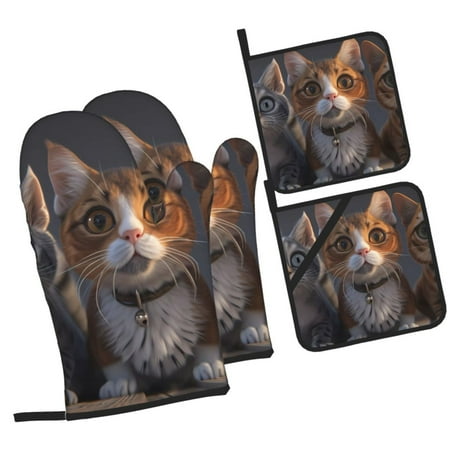 

Pofeuu Wide Eyed Cartoon Cats Print Oven Mitts and Pot Holders 4 pcs Set High Heat Resistant 500 Degree Extra Thicken Long Kitchen Cotton Oven Glove for Cooking