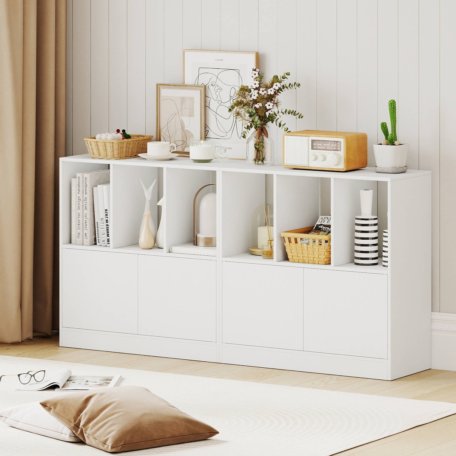 Costway 2 PCS Cube Bookcase with Doors, Open Compartments & Cabinet, Modern Display Shelf White