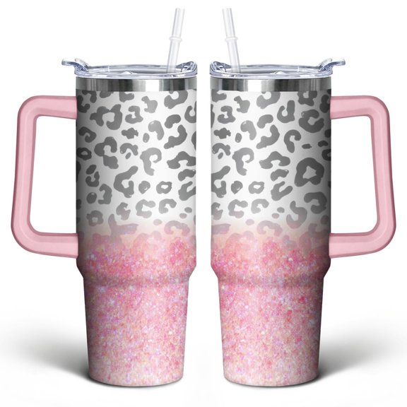 Pink Sequin Gradient Leopard Print 30 Oz Tumbler with Handle Lid and Straw, Stainless Steel Double Walled Vacuum Insulated Cup, Cute Birthday Gifts Tumbler for Women Men Friends