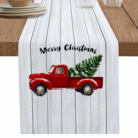 nqOlkjepod Red Truck Christmas Table Runner 70 Inches Long Farmhouse Dress Scarves, Xmas Tree Snowflake Grey Wooden Dining Tablerunner for Coffee Table/Kitchen Island/Party Décor, 13" x 70"