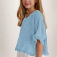 thumbnail image 2 of Faraee 3/4 Sleeve Cotton Linen Cropped Tops for Teen Girls Kids Ruffle Hem Crewneck Solid Blouses Summer Loose Shirt 5t 6t 7t 8t 5-15 Years Blue, 2 of 6