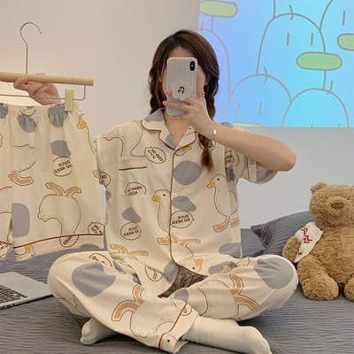 

3pcs Summer Ladies Pajamas Printing Kawaii Clothes Short Sleeve Laple Top Loose Shorts Trousers Loungewear Suit Women Pijamas