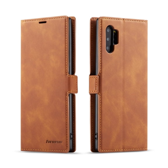 Samsung Galaxy Note 10 Plus Wallet Case Samsung Galaxy Note 10 Plus Luxury PU Leather Case, Book Folding Flip Retro Case with Kickstand, [RFID Blocking] Credit Card Slot Magnetic Closure Cover, Brown