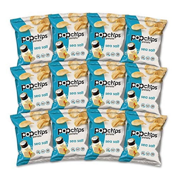 Popchips Potato Chips, Sea Salt, 12ct Single Serve 0.8oz Bags, Low-Calorie and Gluten Free, Healthy Snacks for Adults and Children, Non-GMO, Vegan & Kosher Friendly, 100 Calories Per Bag