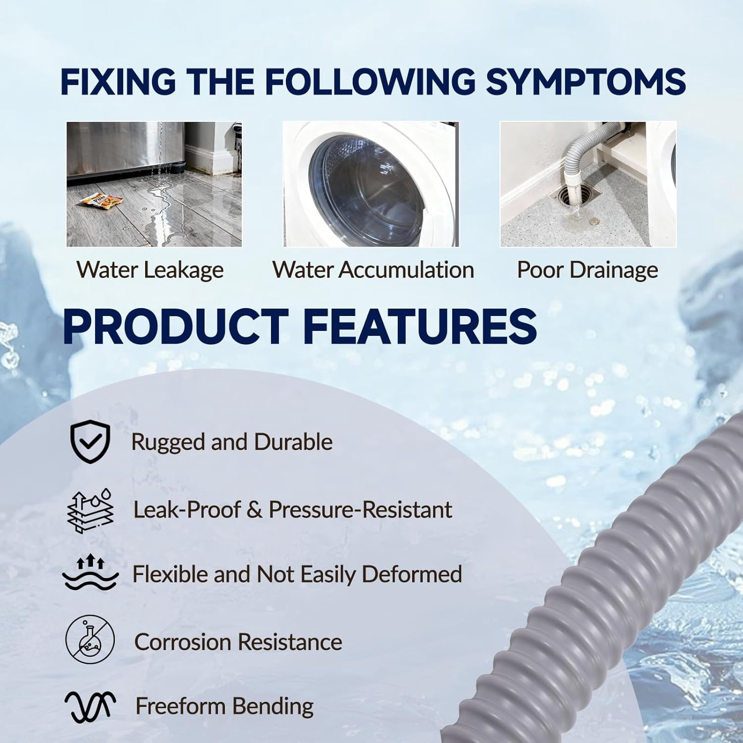 6FT Universal Washer Drain Hose, Leak-Proof & Cut-to-Fit PVC Hose, Compatible with Whirlpool, LG, Samsung Washing Machines/Dishwashers/Dryers