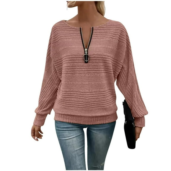 Sexlip Women Quarter Zip Tops Long Sleeve Ribbed Knit Shirts Loose Casual Loose Winter Fall Pullover Tops Pink XXL