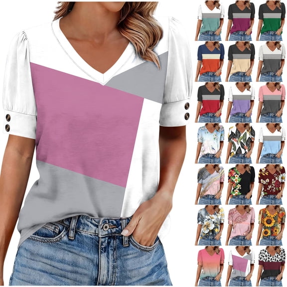 JTZGDY Puff Sleeve Tops for Women Cute Summer Floral Printed Short Sleeves Graphic T-Shirts Fashion V Neck Trendy Oversized Baggy Tunic Blouses B-Purple XXL